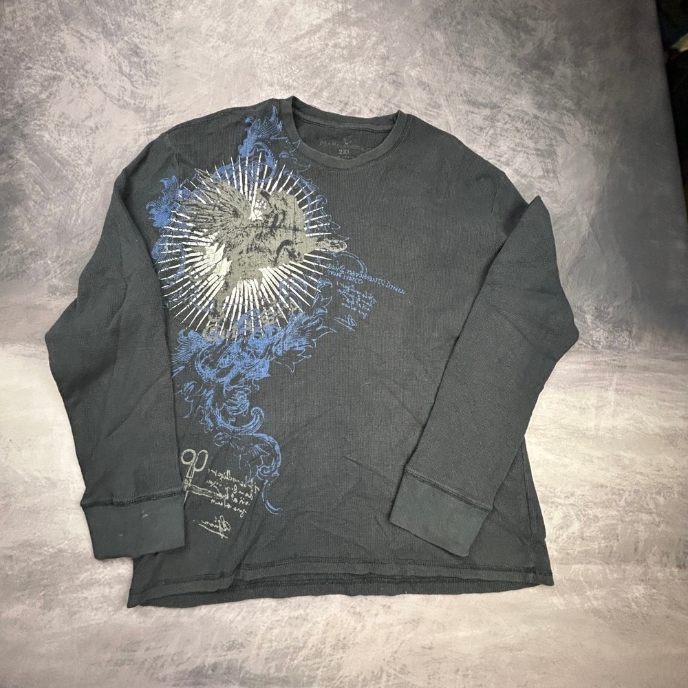 Marc Ecko Cut & Sew Thermal Shirt Mens 2XL Black Y2K Grunge Graphic Long Sleeve